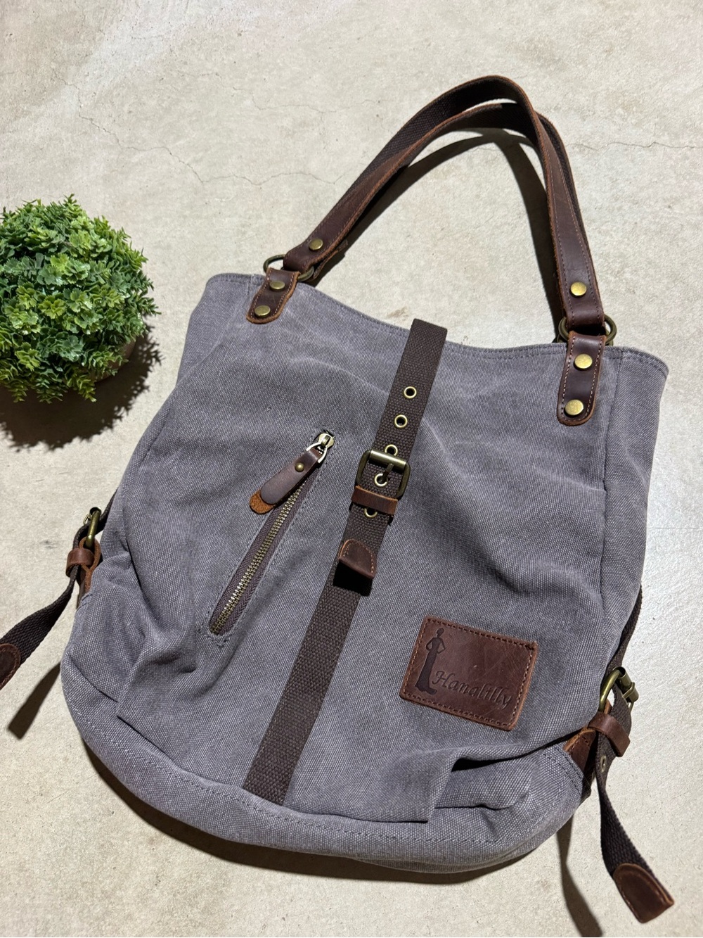 Hanalilly Convertible Backpack Purse Gray Canvas Leather Hiking Camping Outdoor